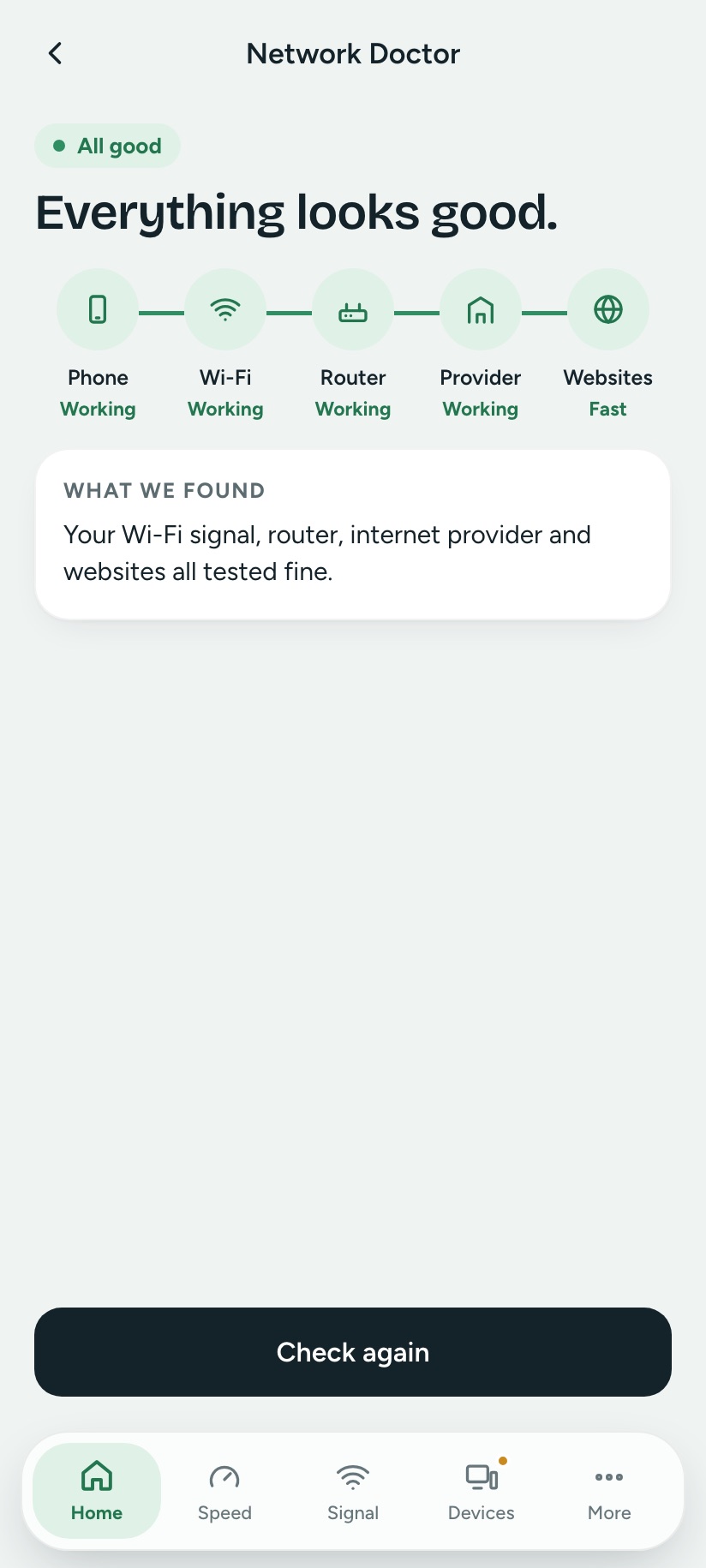 Wifify Network Doctor confirming the phone, Wi-Fi, router, provider and websites are all working
