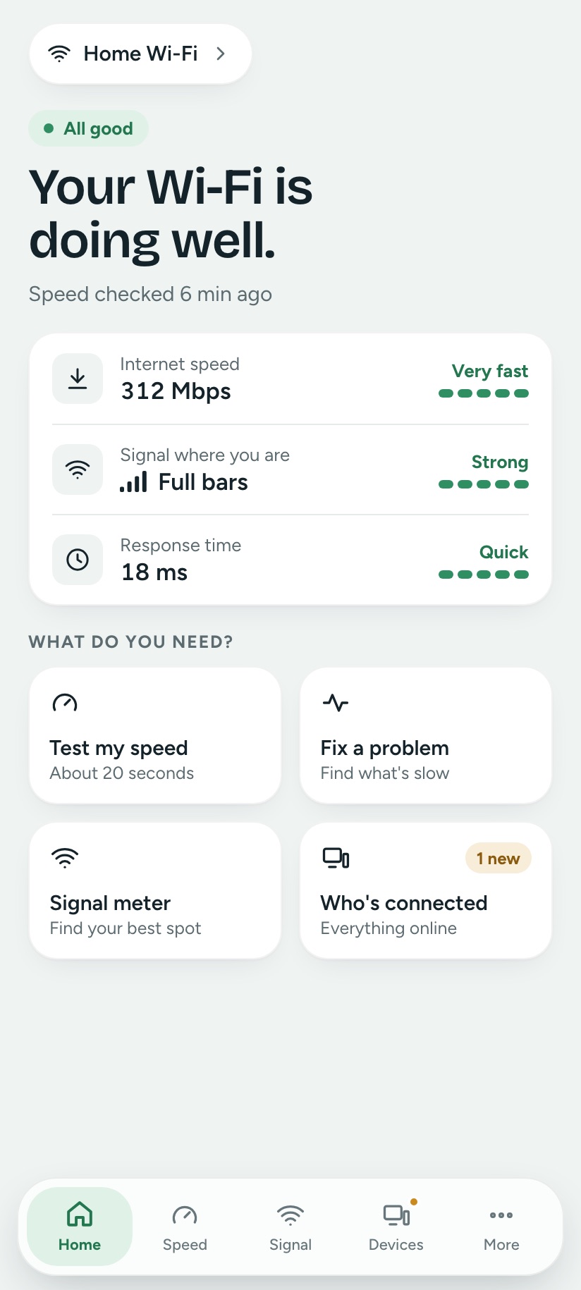 Wifify home screen saying Your Wi-Fi is doing well, with internet speed, signal and response time